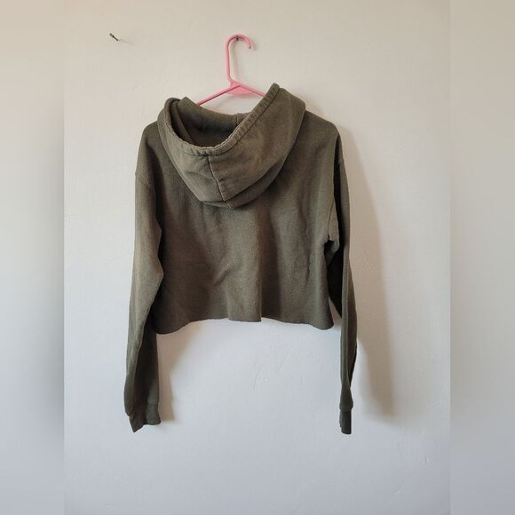 Cropped Hoodie Olive Army Green Cozy Oversized Boxy Cotton Loungewear Medium - Picture 7 of 9